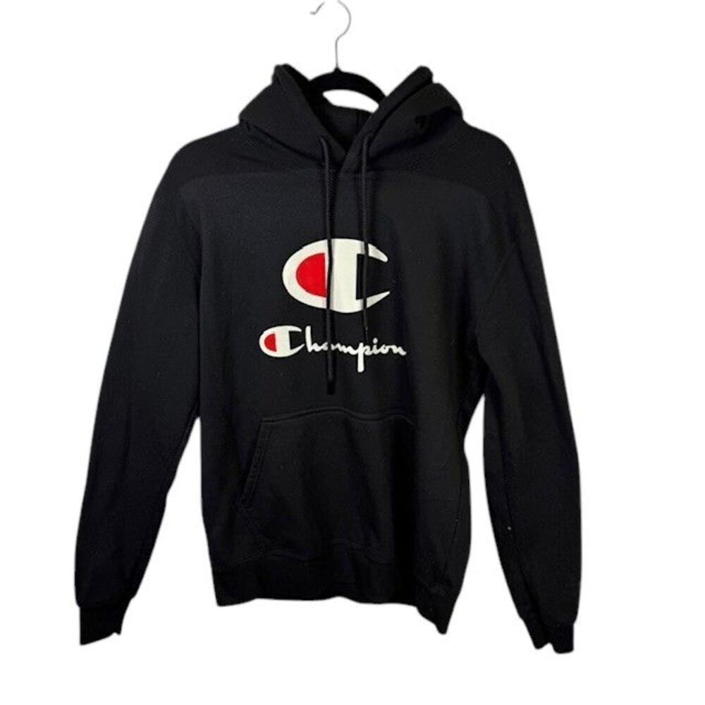 Champion Vintage Men's Fleece Hoodie Kangaroo Pocket Black Size Medium